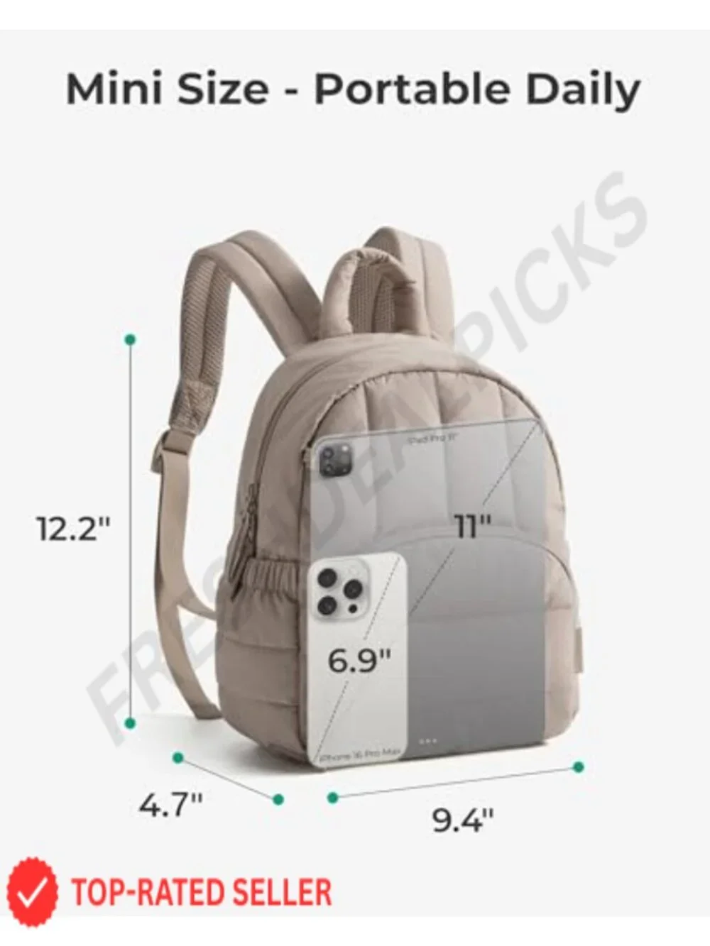Quilted Mini Puffer Backpack with Water Bottle Pockets, Water-Resistant Daypack
